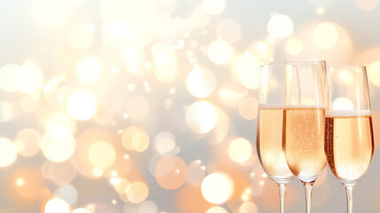 A sophisticated champagne setting with sparkling bubbles dancing in tall glasses, the warm and
