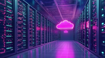 Glowing Data Cloud in Futuristic High Tech Server Room   Abstract Visualization of Streaming Digital Information and Connectivity in a Vibrant Cyberpunk Inspired Setting