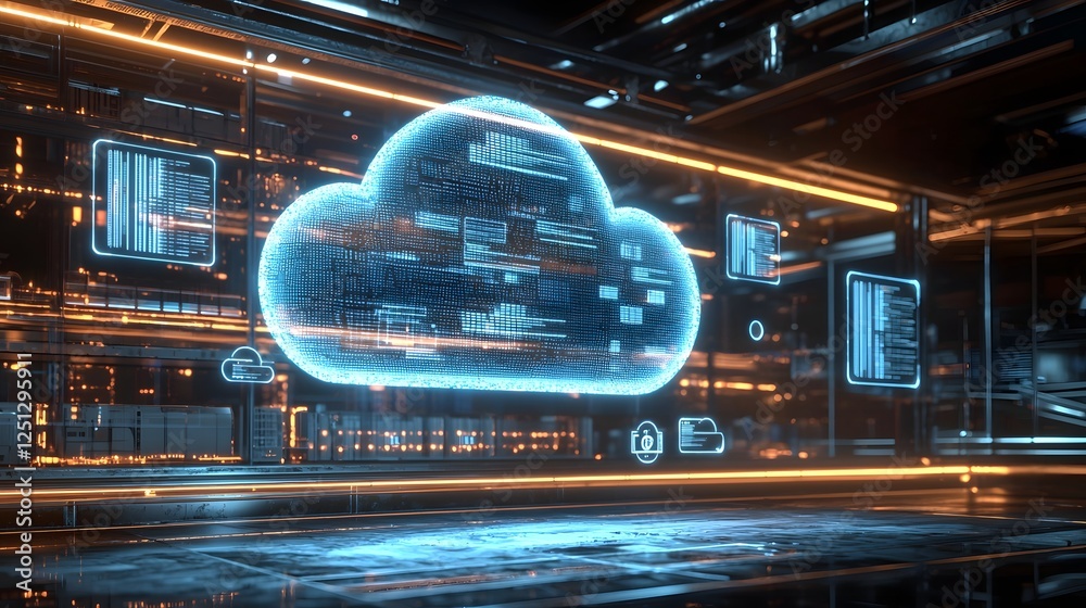 Poster futuristic cloud based holographic interface with digital icons representing secure data storage com