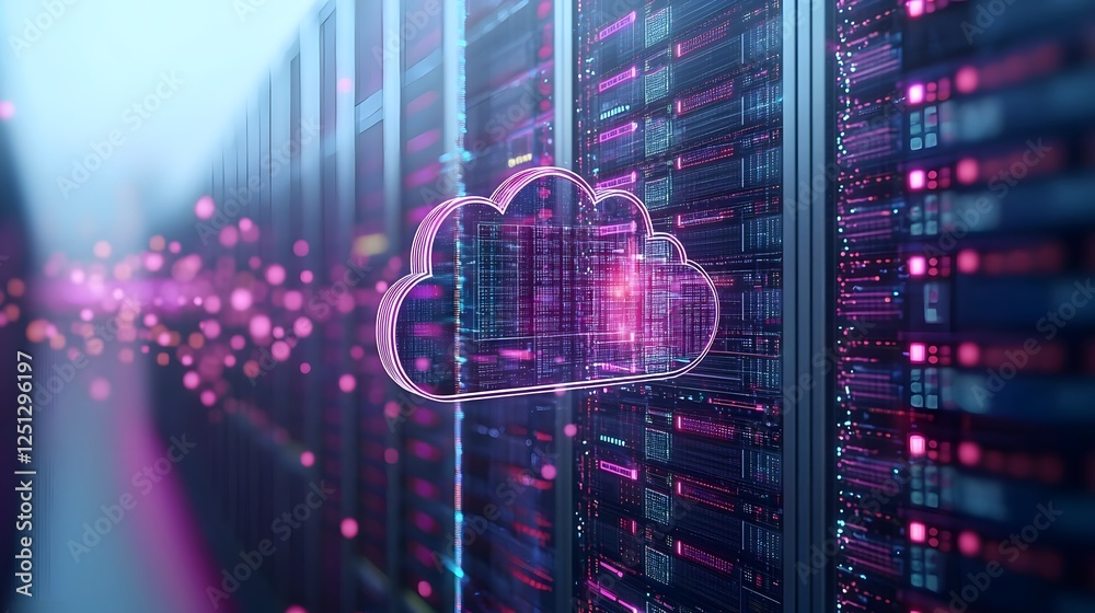 Poster dynamic cloud storage concept with data and information transferring across interconnected digital s