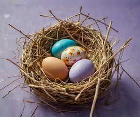 Obraz premium Happy easter day concept with colorful easter eggs in nest on soft color background