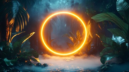 Neon Frame with Circular Golden Glow, Misty Tropical Jungle, and Futuristic Holographic Elements. Copy space. Generative AI