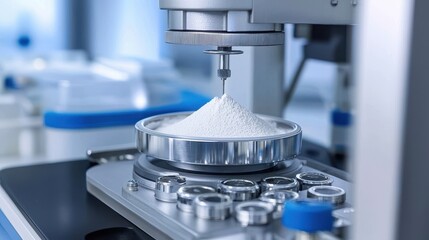 A laboratory scene showing a precision instrument measuring white powder on a scale, highlighting the importance of accuracy in scientific research.