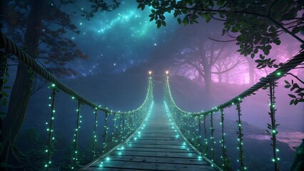 Fototapeta premium Enchanted Bridge in Mystical Forest with Twinkling Lights and Colorful Glow at Night