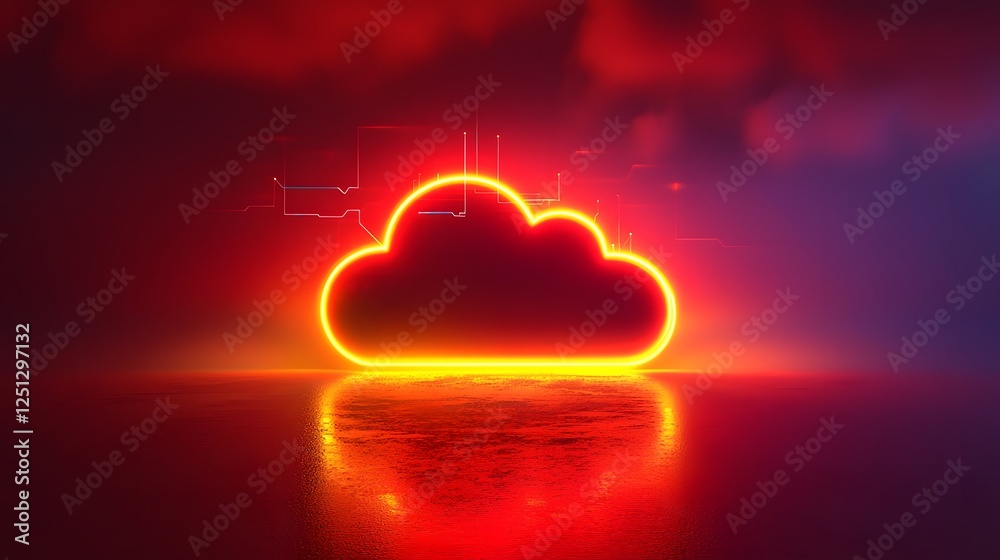 Poster dynamic digital data streams flowing and converging into a glowing illuminated cloud icon representi