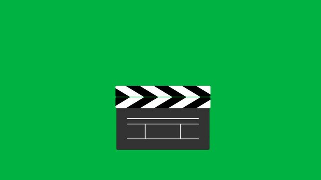 Animated movie clapper vector with alpha channel on transparent background. Cartoon clapper board animation on a green screen background.