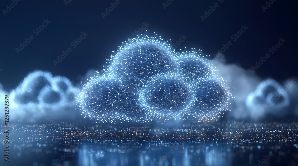 Poster futuristic scene of an interconnected network of data nodes forming a dynamic glowing cloud like str
