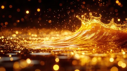 Obraz premium Golden liquid wave splash, dark bokeh