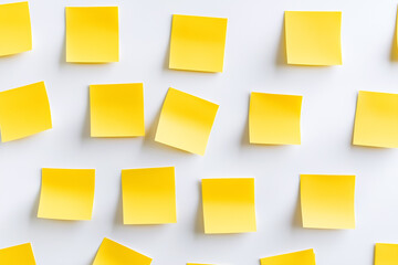 Cluster of eight yellow sticky notes neatly attached to a white wall, ideal for brainstorming concepts