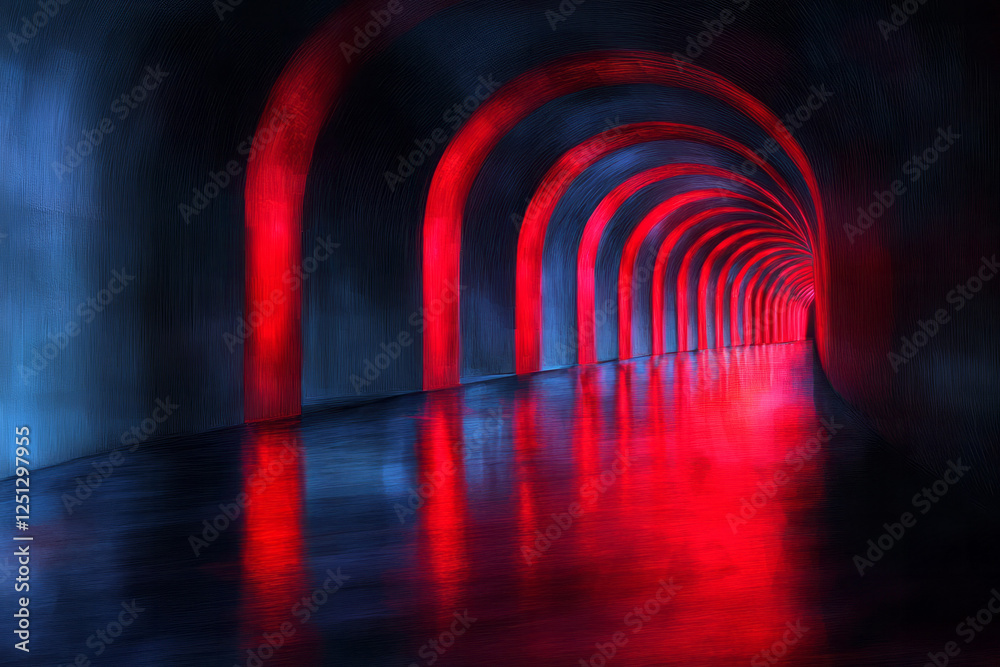 Fototapete a gleaming corridor of translucent columns and arches, illuminated by dynamic red and blue lights,