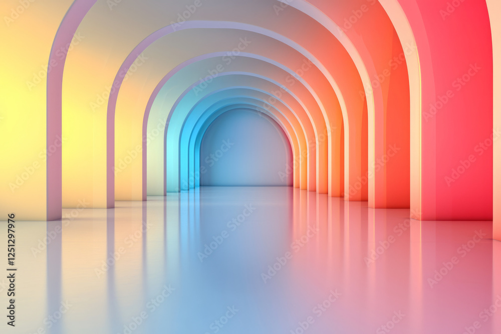 Fototapete a gleaming corridor of translucent columns and arches, illuminated by dynamic red and blue lights,