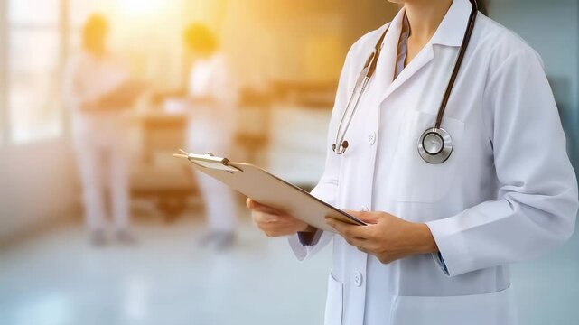 Healthcare professional carefully analyzing patient medical records in slow motion, demonstrating detailed documentation process within hospital clinical environment