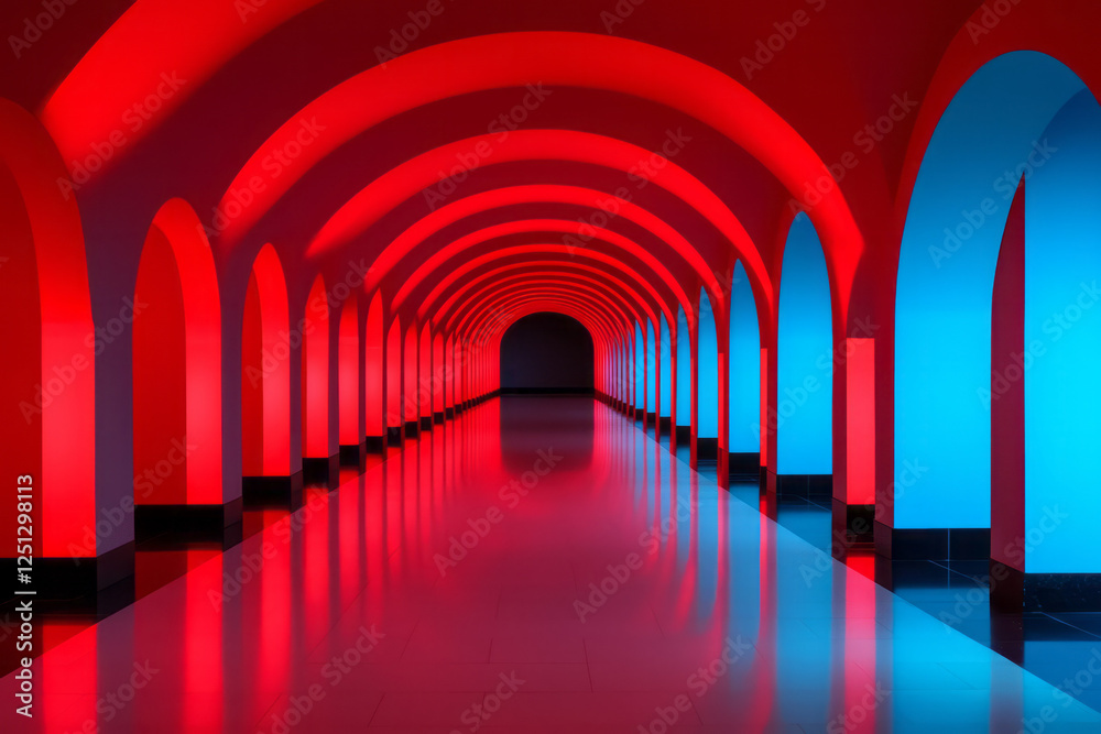 Fototapete A minimalistic passageway of prismatic glass blocks casting vivid red and blue patterns, forging a