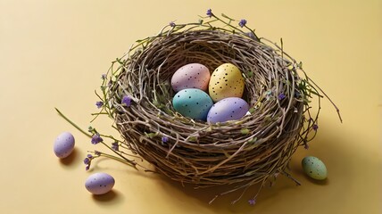 Fototapeta premium Happy easter day concept with colorful easter eggs in nest on soft color background