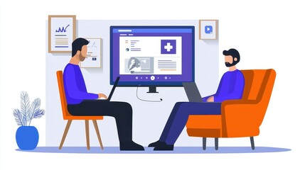 Two individuals engage in a virtual consultation, discussing content displayed on a laptop and large screen in a modern office setting.