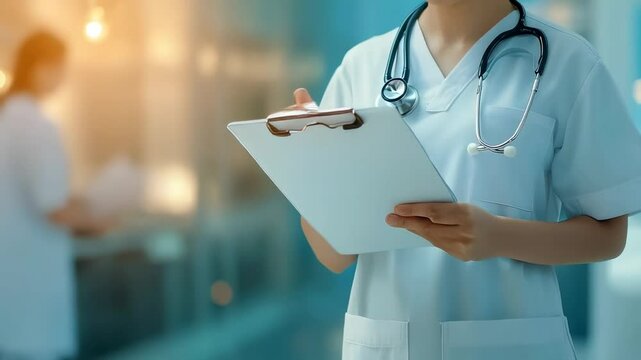 Collage showing a female doctor writing notes on a clipboard in a hospital, other medical staff are visible in the background, blurred, slow motion