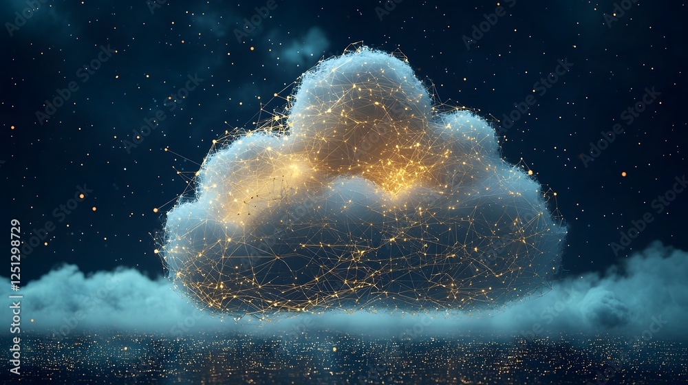 Poster digital art depicting an abstract cloud like structure embedded within a complex network of data lin