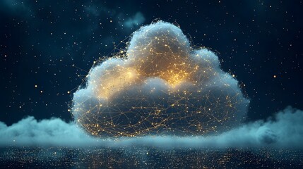 Digital art depicting an abstract cloud like structure embedded within a complex network of data links glowing with energy and creating a futuristic conceptual visual environment
