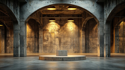 Fototapeta premium Empty concrete industrial room with podium, arches, and warm lights, ideal for product displays