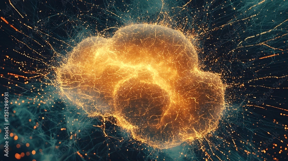 Poster abstract art depicting a glowing luminous digital cloud embedded within a dynamic network of data li