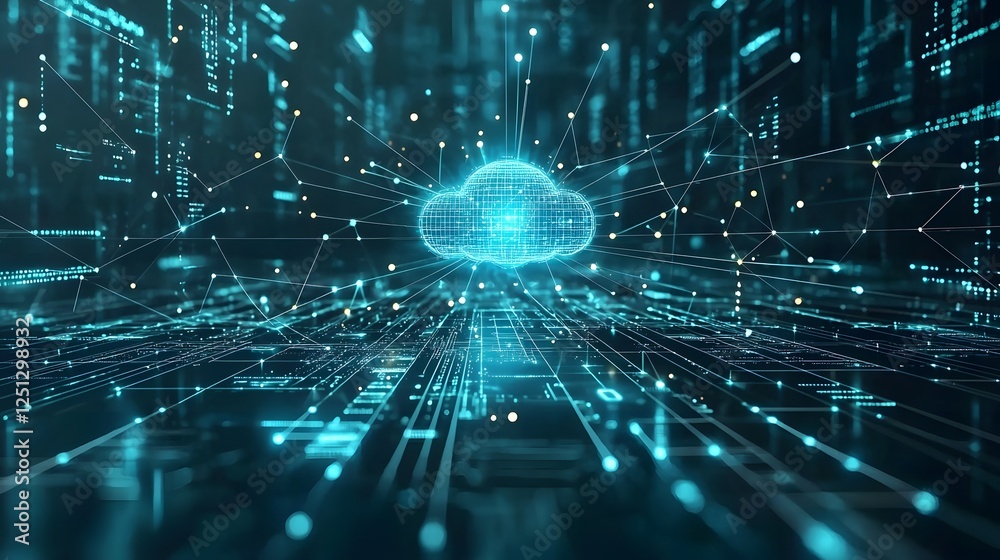 Poster glowing digital data cloud with interconnected lines and rays of light in a dynamic high tech and fu