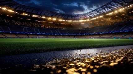 Evening view of a stadium field with dramatic lighting, preparing for a major sports event
