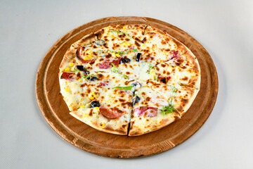 Traditional Turkish cuisine. Pizza, pita, pidesi, sucuk, hummus, kebab. Many dishes on the table. Serving dishes in restaurant. Mix, formaggi, veggie pizza. Top view, flat lay