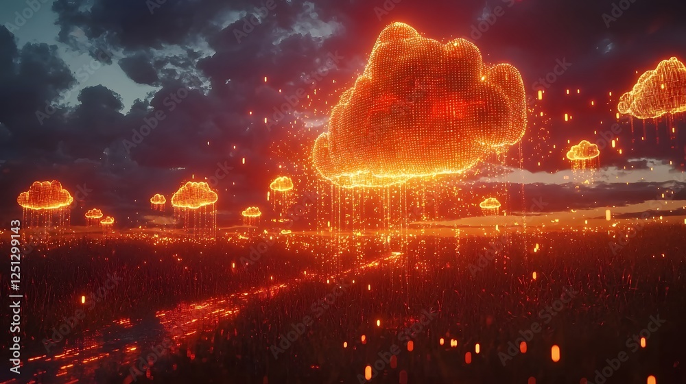 Aufkleber swirling digital storm cloud formations with glowing energy flows and interconnected data streams fu