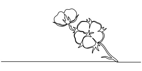 flower cotton, One continuous line drawing of whole soft and fluffy cotton flower for farming logo identity. Staple fiber flower concept for garden icon. Modern single line draw graphic design vector.