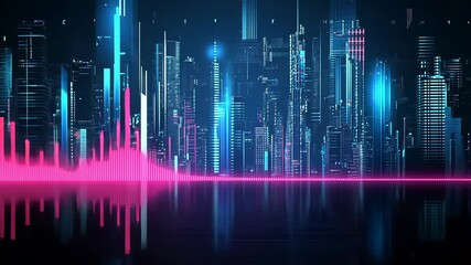Vibrant city skyline with pulsating sound waves and neon lights at night