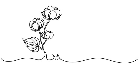 Fototapeta premium flower cotton, One continuous line drawing of whole soft and fluffy cotton flower for farming logo identity. Staple fiber flower concept for garden icon. Modern single line draw graphic design vector.