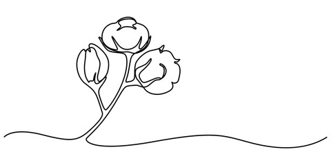 flower cotton, One continuous line drawing of whole soft and fluffy cotton flower for farming logo identity. Staple fiber flower concept for garden icon. Modern single line draw graphic design vector.