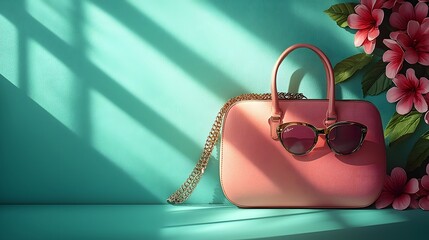 Elegant flat lay arrangement of fashionable accessories including sunglasses a designer handbag and jewelry set against a minimalistic background with soft shadows