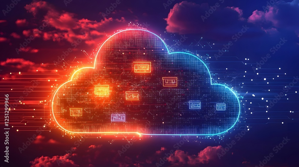 Poster neon themed cloud with a dynamic flow of digital data symbols creating a futuristic tech inspired co