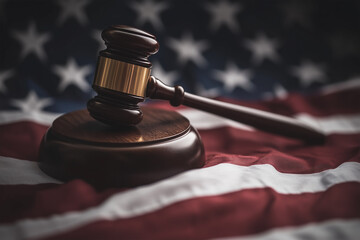 A wooden gavel symbolizing justice on the American flag reflecting the U.S. legal system