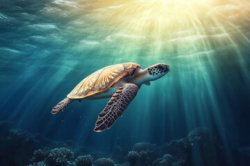Fototapeta premium Green Sea Turtle Gracefully Swimming Underwater in Clear Blue Ocean