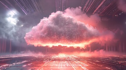 Glowing data cloud hovering over a digital grid in a futuristic sci fi inspired setting  Abstract technology and information visualization concept with a cyberpunk computational aesthetic