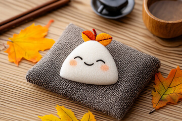 Fototapeta premium P An adorable brooch with a happy onigiri and