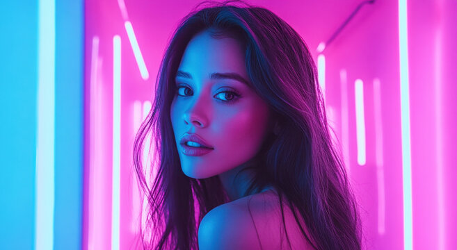 Brightly lit hallway filled with colorful neon lights features a beautiful woman with long hair posing confidently and alluringly
