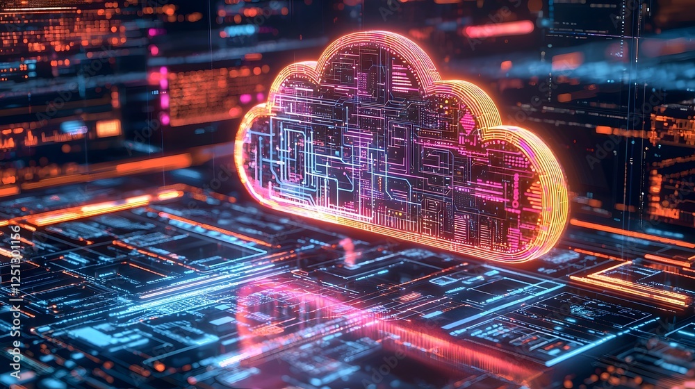 Poster glowing digital cloud structure overlaid with intricate technology inspired geometric patterns conve