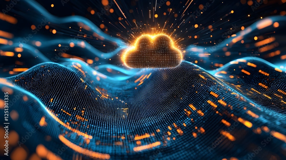 Poster radiant data landscape with a glowing luminous cloud centerpiece in a futuristic cyberpunk inspired 