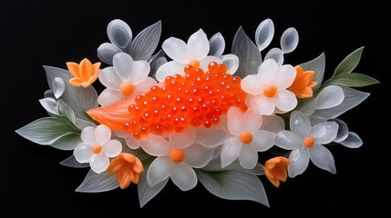 An intricate sushi creation in tight focus, displaying shimmering roe and decorative garnishes,