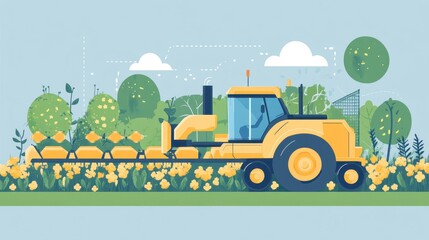 Colorful Tractor in a Lush Agricultural Landscape