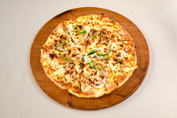 Traditional Turkish cuisine. Pizza, pita, pidesi, sucuk, hummus, kebab. Many dishes on the table. Serving dishes in restaurant. Mix, formaggi, veggie pizza. Top view, flat lay