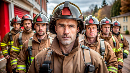Fototapeta premium Courageous group of firefighters posing confidently in uniforms in front of a fire station