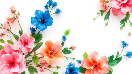 Romantic watercolor floral arrangement with pink, blue and orange flowers and green foliage on a white background