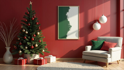 Christmas tree in living room with red walls and gifts