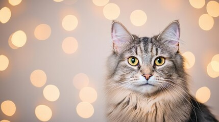 Fluffy Grey Cat Portrait Against Bokeh Background