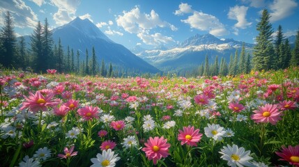 Mountain meadow wildflowers sunny day scenic landscape