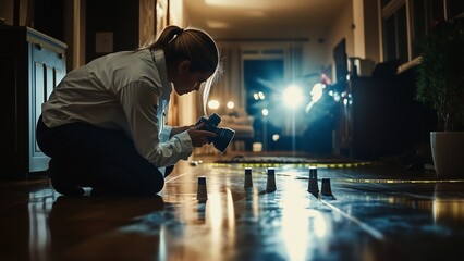 Crime Scene Investigator Wearing a White Shirt Photographing Evidence Markers in a Dimly Lit Indoor Crime Scene. Bright Spotlights Illuminate the Scene, With Police Tape in the Background.